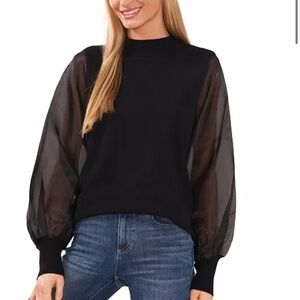 CeCe Sheer Sleeve Cotton Mock-Neck Sweater Black Women’s L